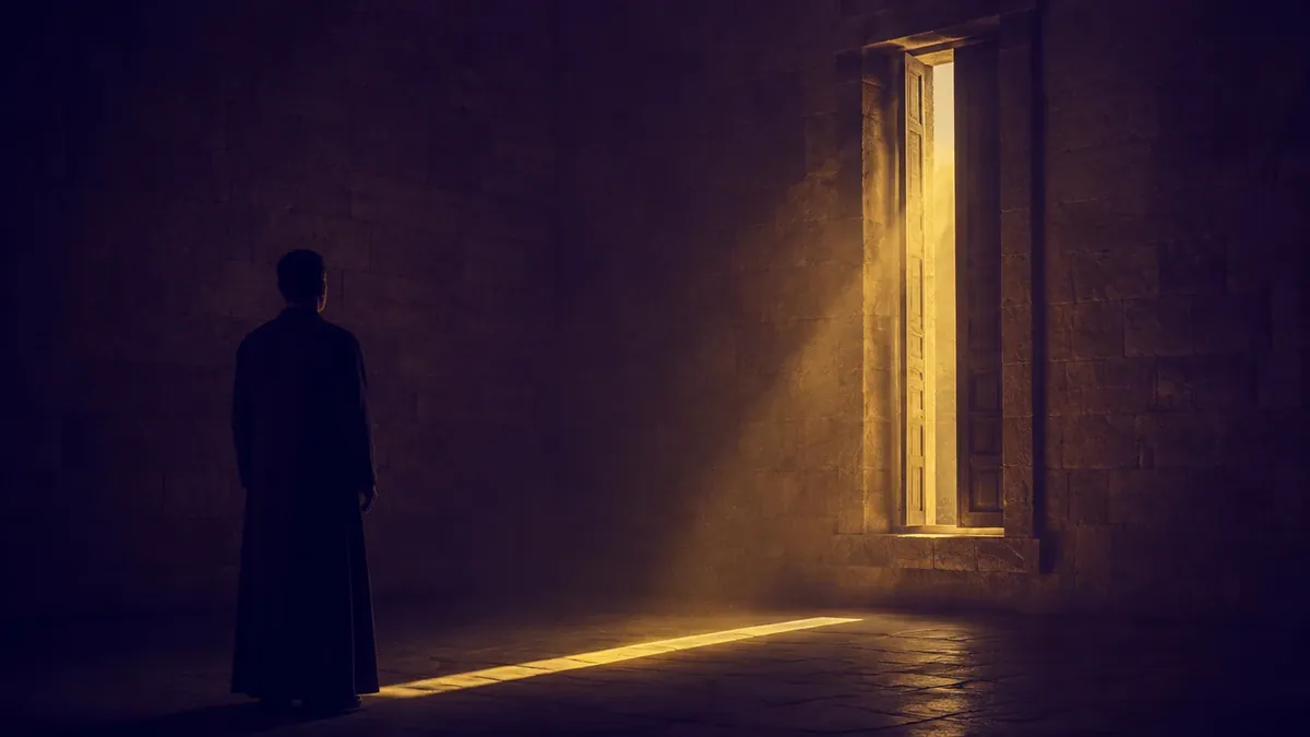 Ein Mensch steht in einem dunklen Raum vor einer schmalen, offenen Tür, durch die goldenes Licht fällt