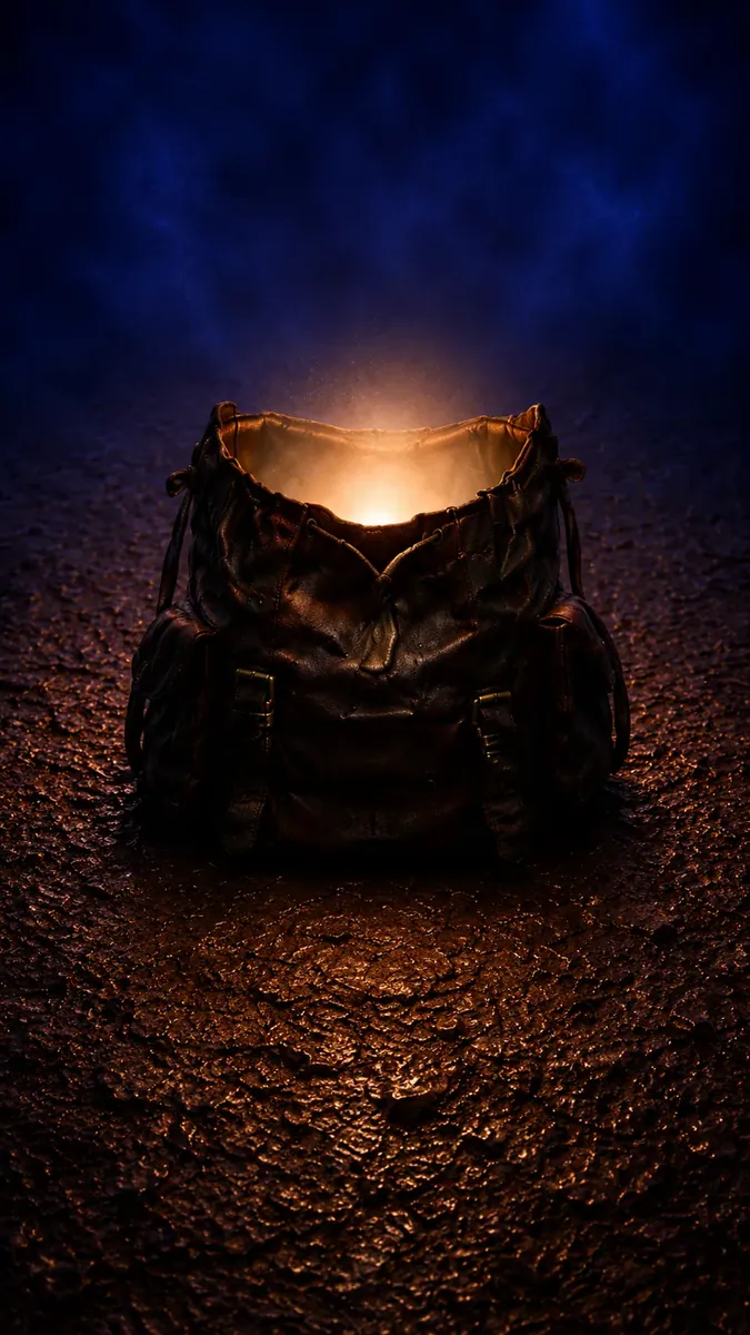 Ein geöffneter Rucksack, aus dem warmes Licht strahlt